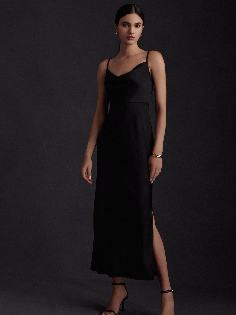 BHLDN Cali Satin Cowl-Neck Midi Slip Dress in Black
